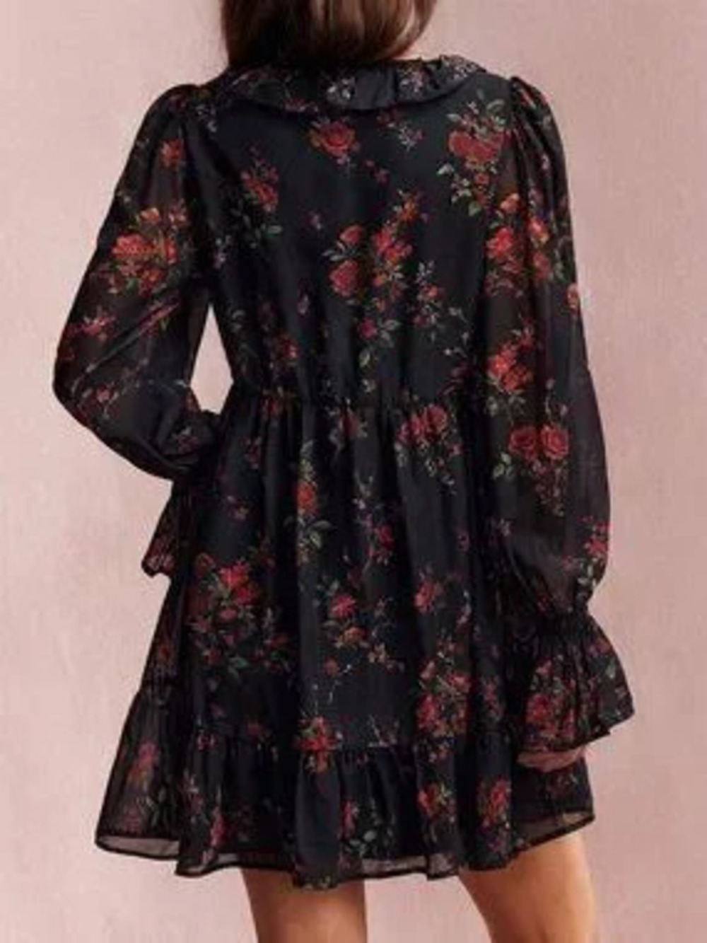 ZARA Black Boho Women's Floral V-Neck Petal Flounce Mini Dress